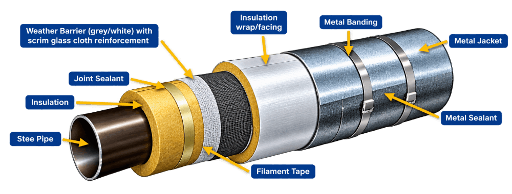 Insulated pipe assembly cutaway showing insulation, barrier, facing and metal jacket layers
